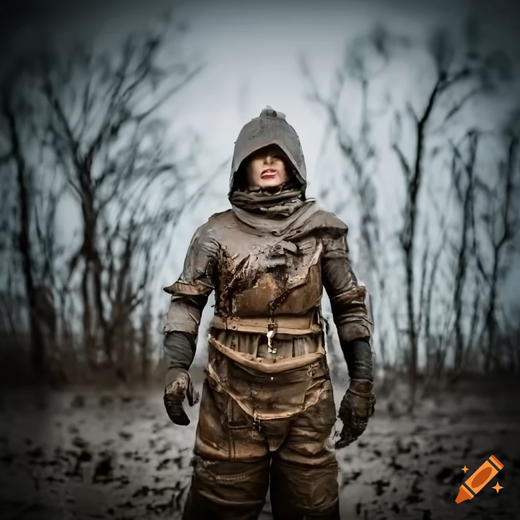 Boys in waders and body armor in post-apocalyptic wasteland mud