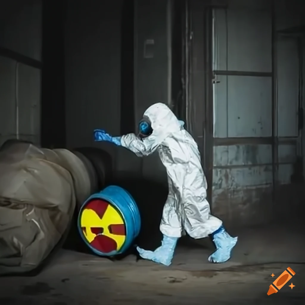 Man in hazmat suit handling nuclear waste barrels