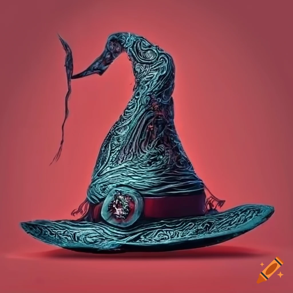 Old black witch's hat with intricate designs on a red background