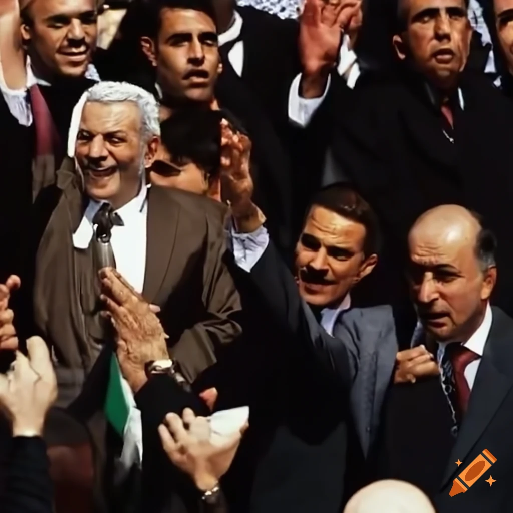 Palestinian political leader addressing a cheering crowd on Craiyon