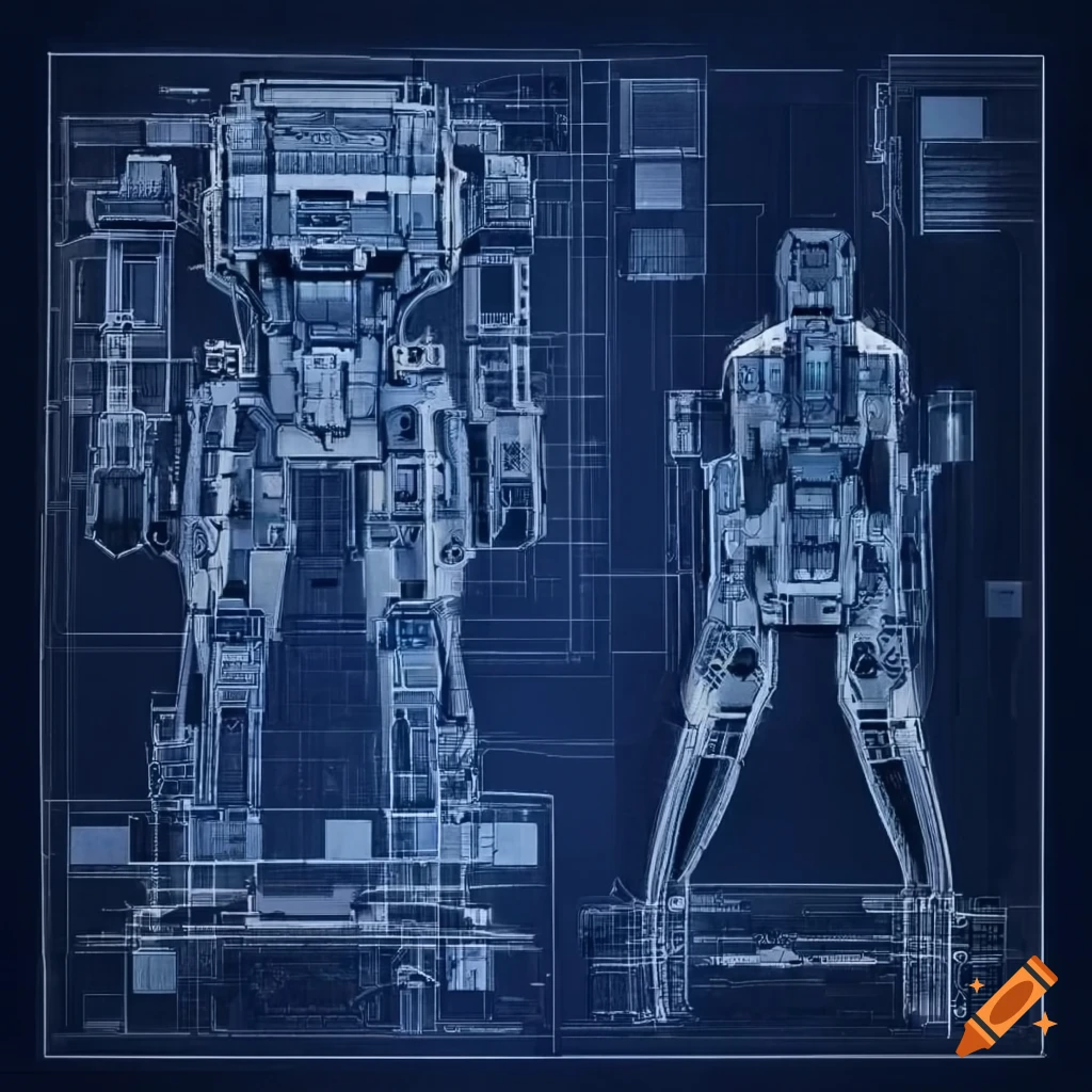 Detailed blueprint of a futuristic urban mech design