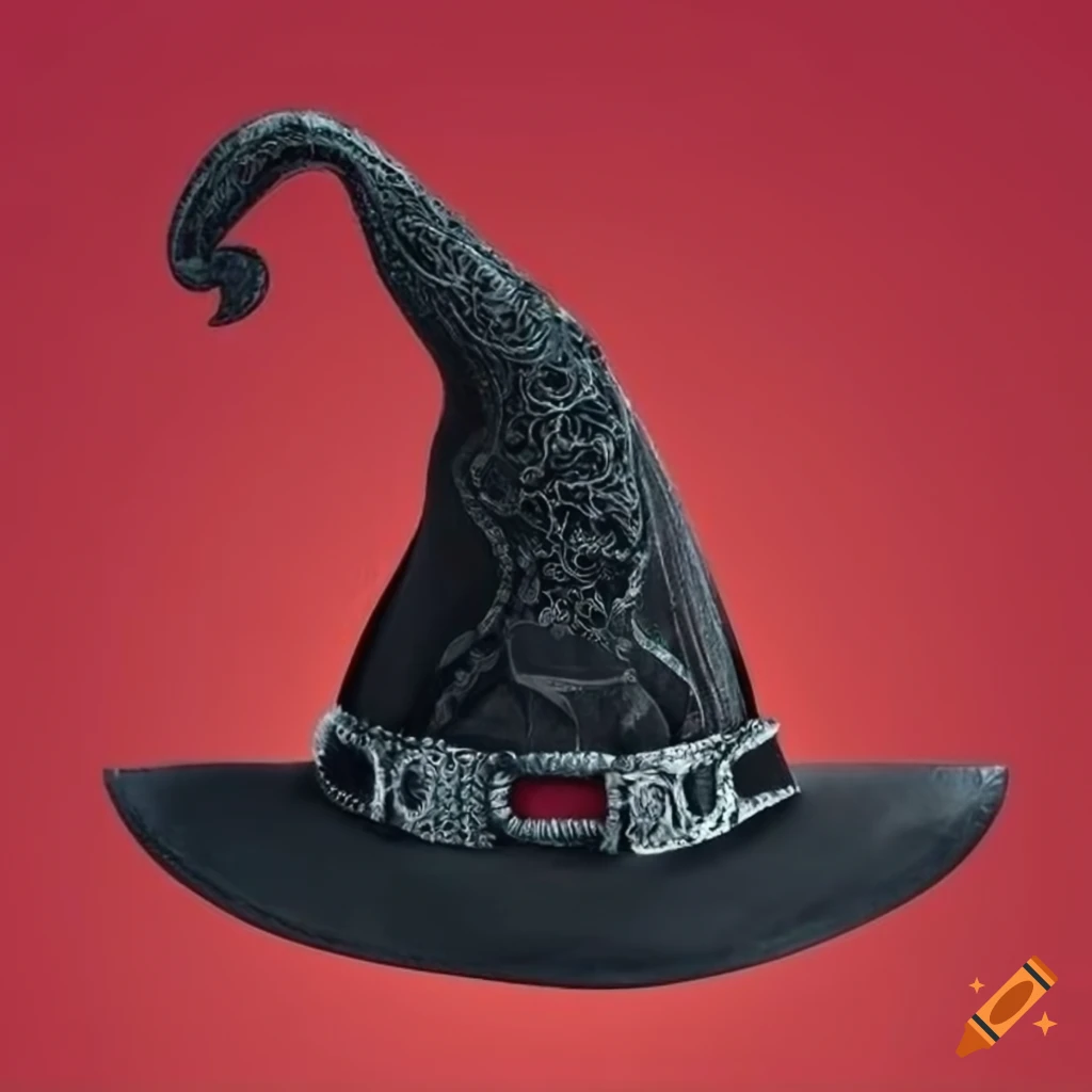 Old black witch's hat with intricate designs on a red background