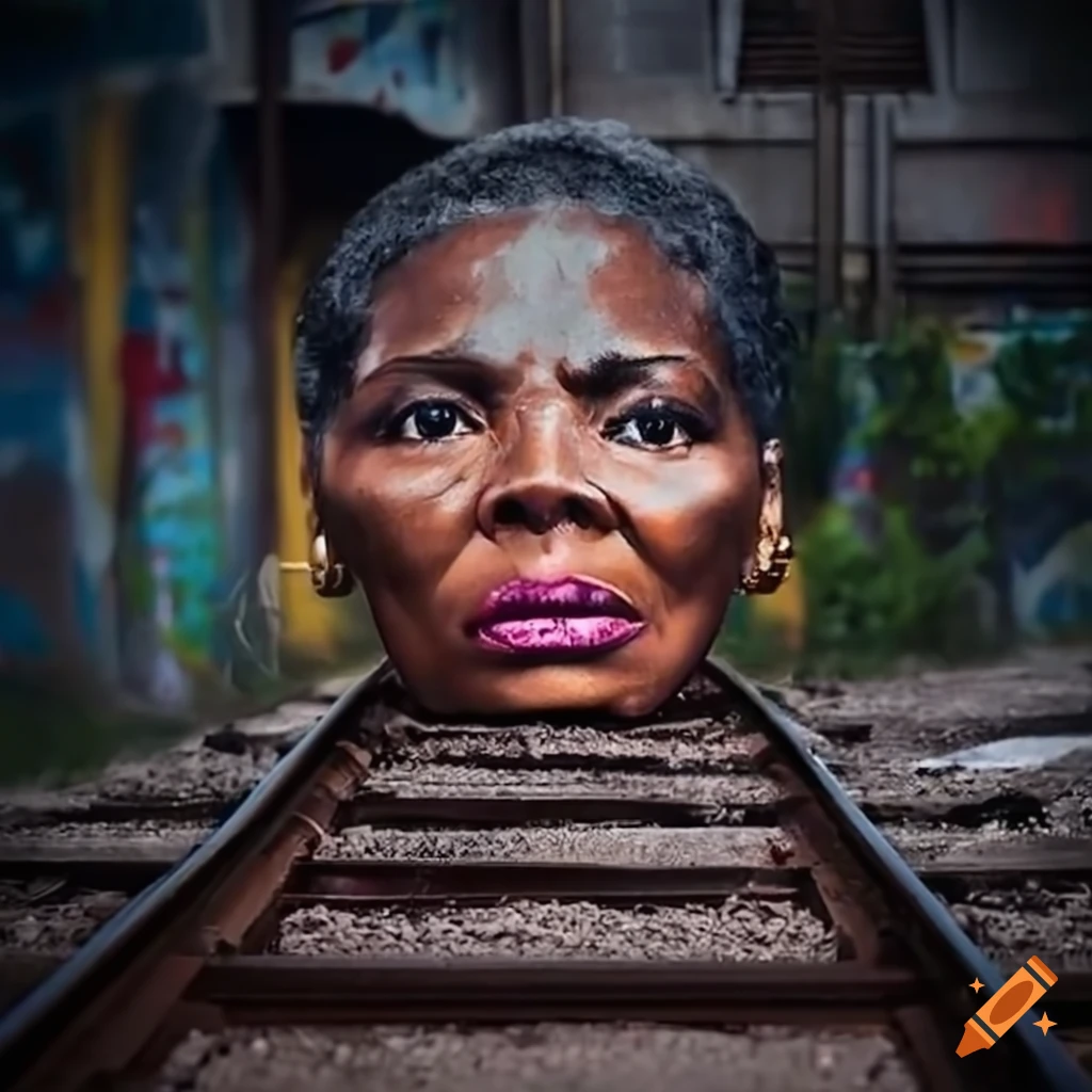 Harriet Tubman on train tracks with graffiti walls and chunky jewelry