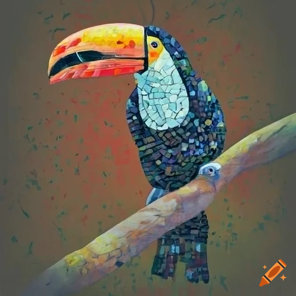 Mosaic of a toucan on a branch