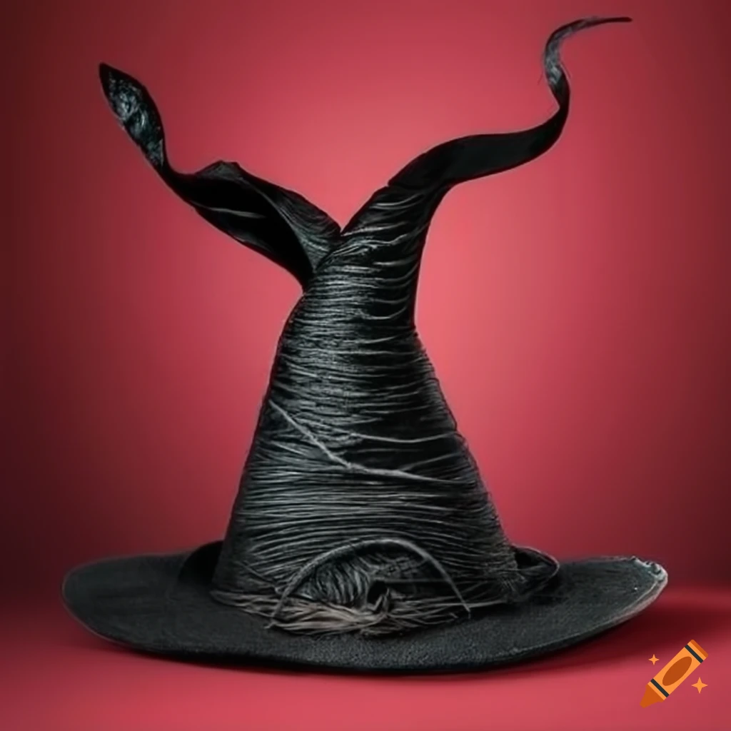Old black witch's hat with intricate designs on a red background