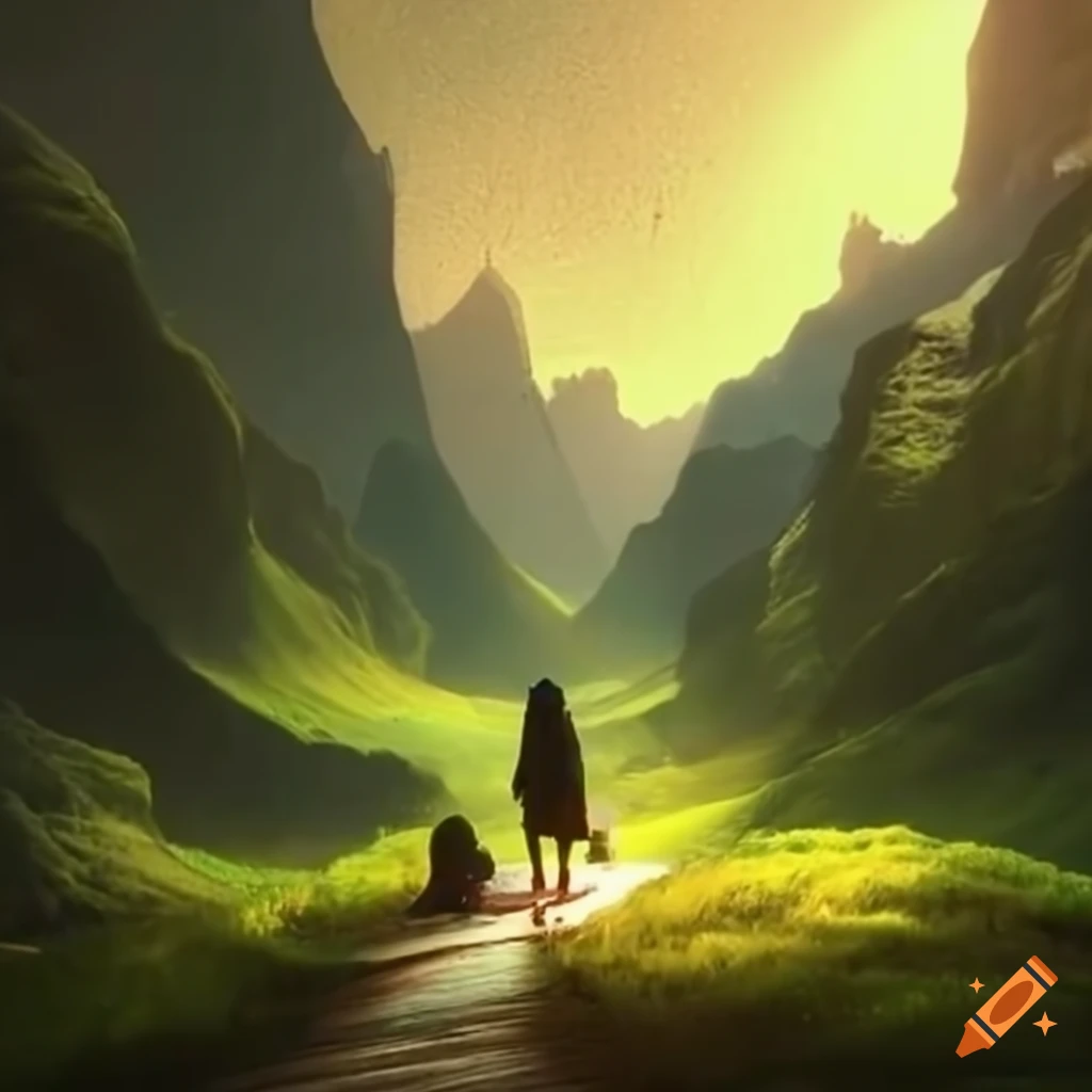 Female scientist and team exploring secrets in a magical landscape