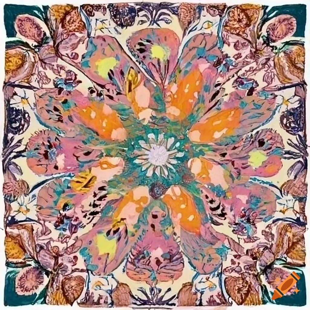 Floral arrangement with intricate earthy pastel-colored patterns in gouache style