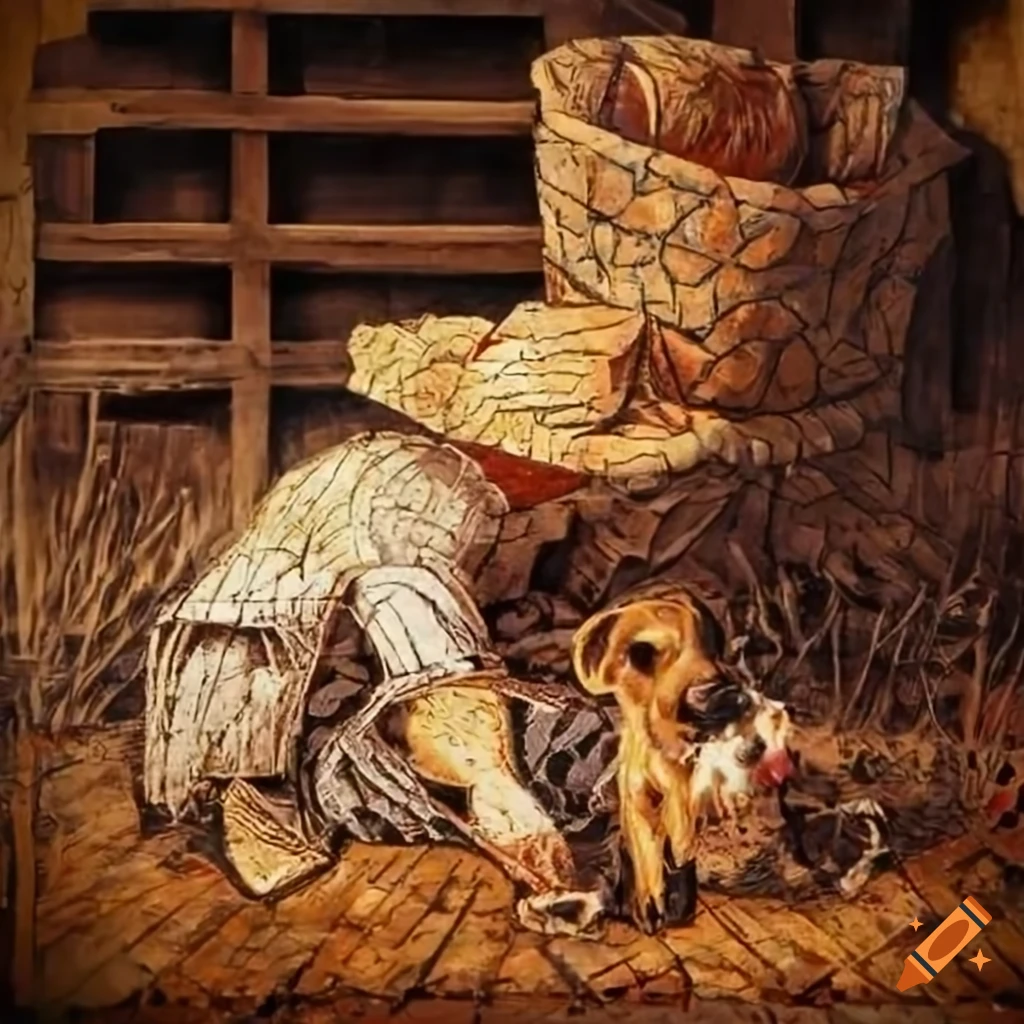 1920s farmer playing with a puppy in a barn mosaic