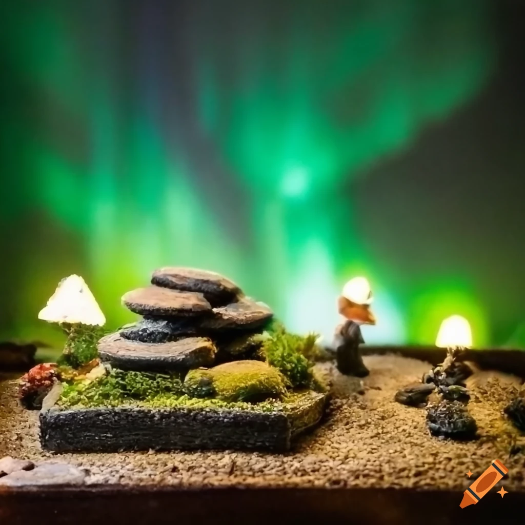 Zen garden under northern lights in a miniature diorama