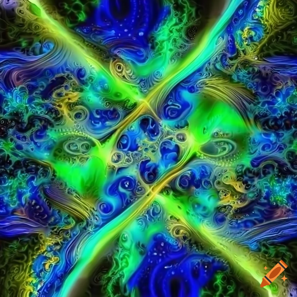 Neon blue and green fractal art with straight lines