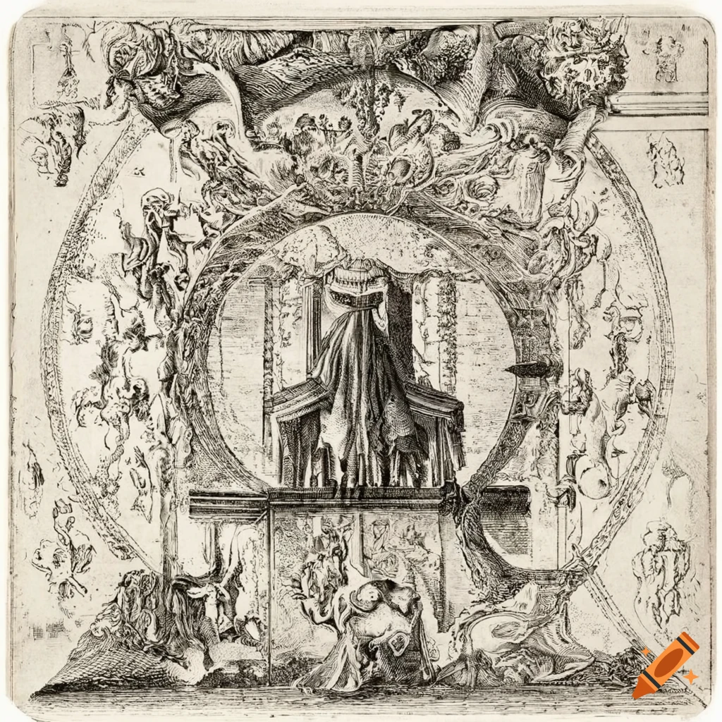 Esoteric white engraving of Beelzebub in a dark Baroque pandemonium setting
