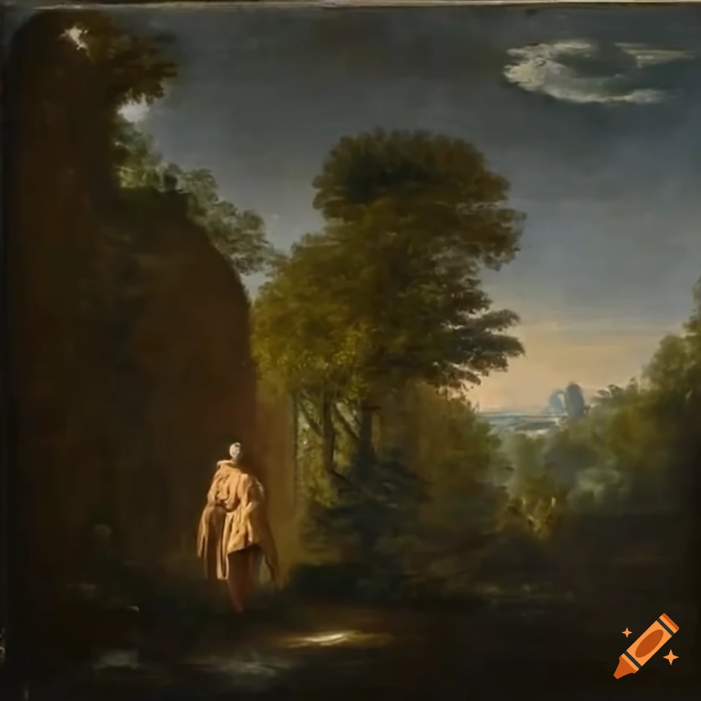 Man entering divine garden dressed as monk with serene pond and evergreen trees