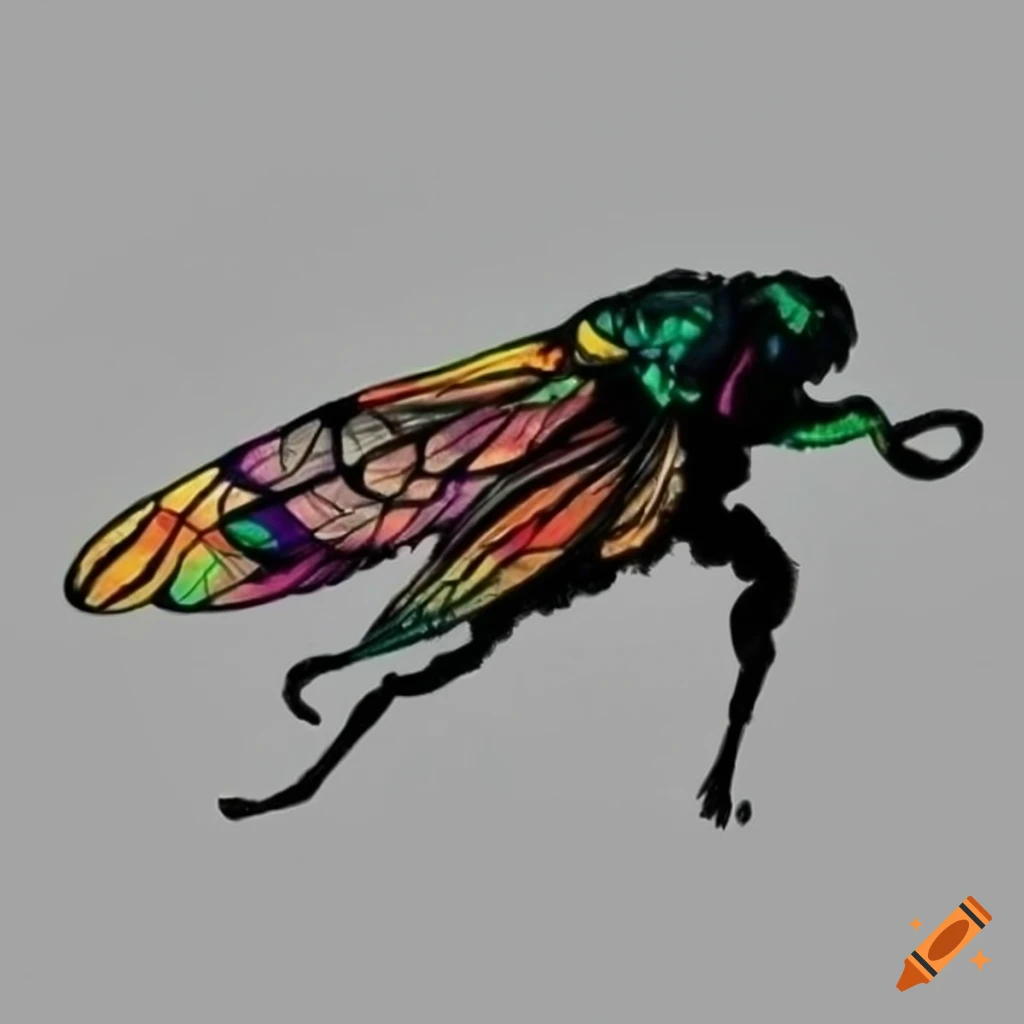 Silhouette of a cicada in black ink on white paper