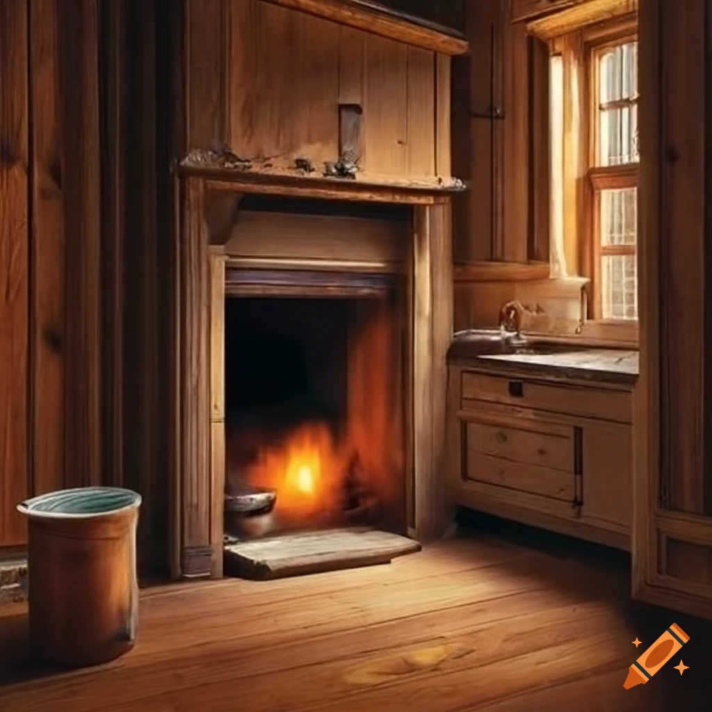 Cozy 18th-century kitchen corner with fireplace and wood paneling
