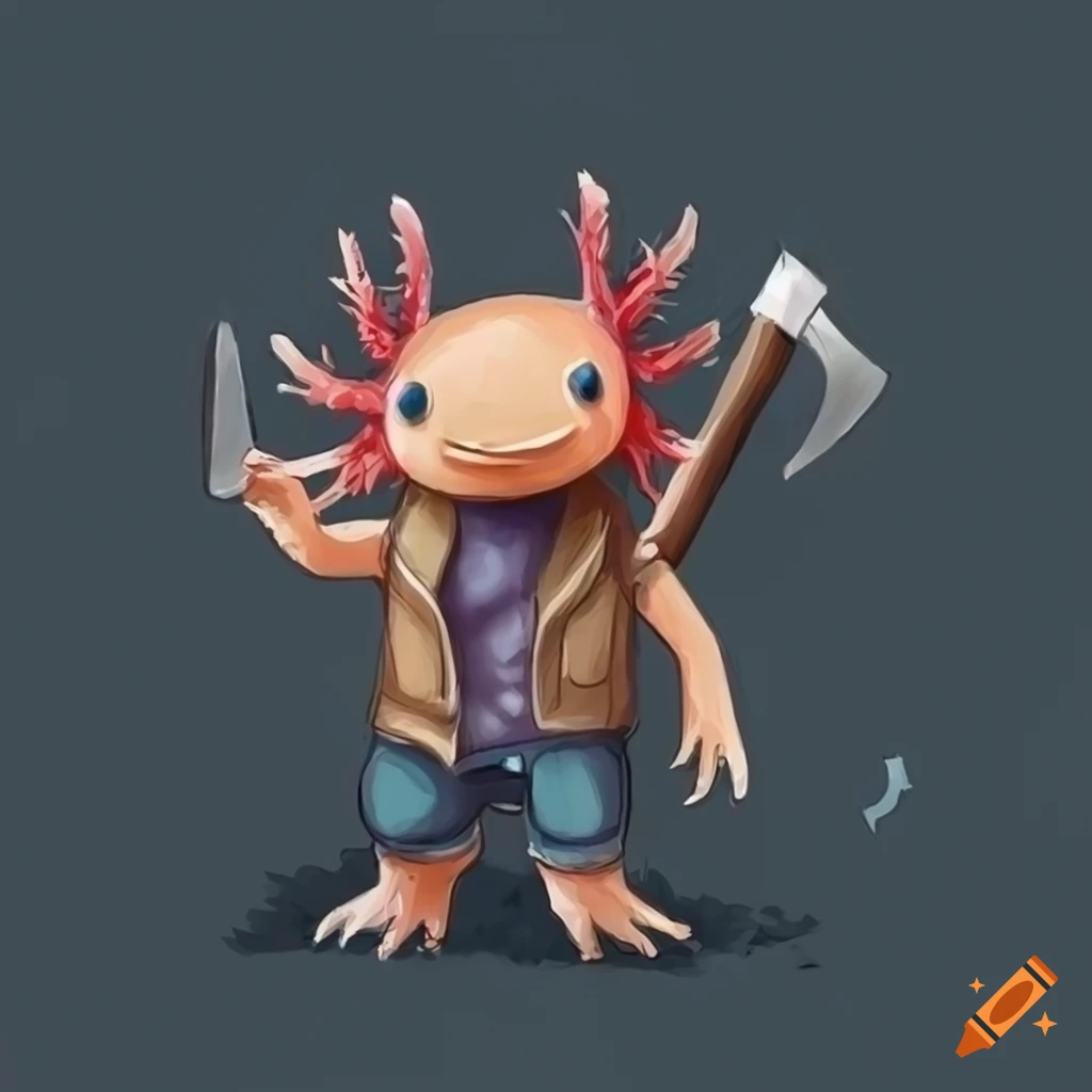 Lumberjack axolotl holding an axe