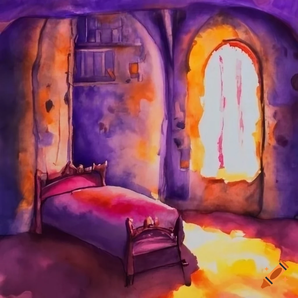 Medieval dungeon bedroom in purple, orange, pink, and yellow watercolor ...