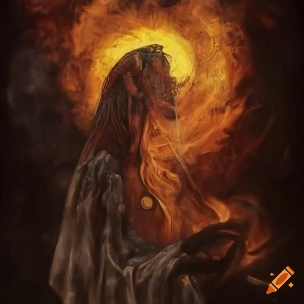 Mysterious tarot card in intricate oil painting with smoke and burn marks