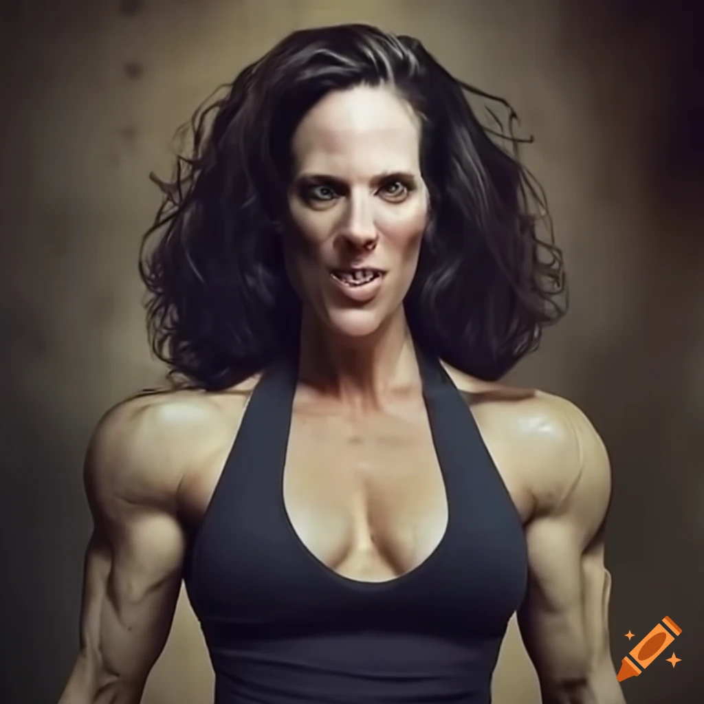Female bodybuilder Annabeth Gish as a Wolf-Witch flexing and laughing