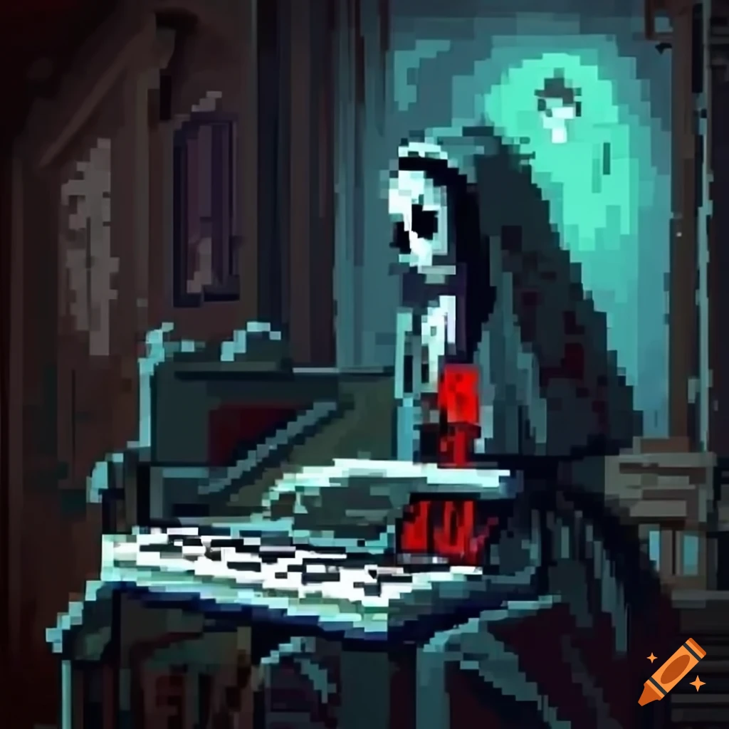 Pixel art of a haunted ghostly woman playing a keyboard in a decaying room with god rays
