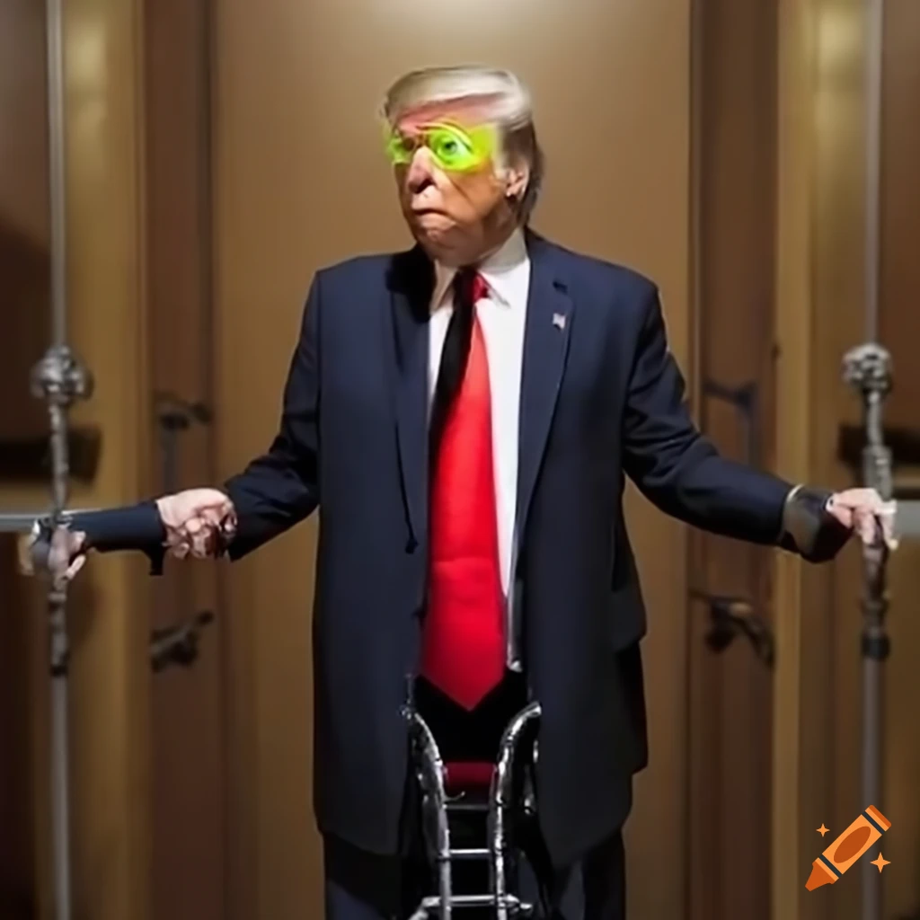 Satirical depiction of a figure using a walker with tennis balls