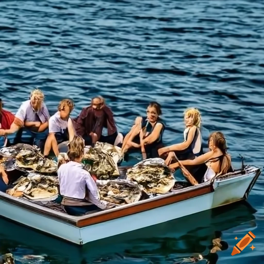 Group of people on a boat on lake zurich enjoying oysters on Craiyon