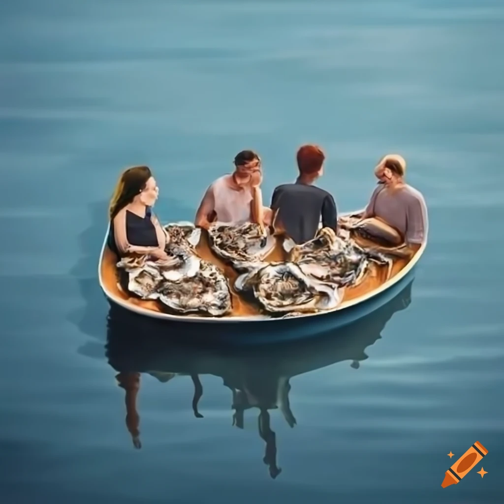Group of people on a boat on lake zurich enjoying oysters on Craiyon