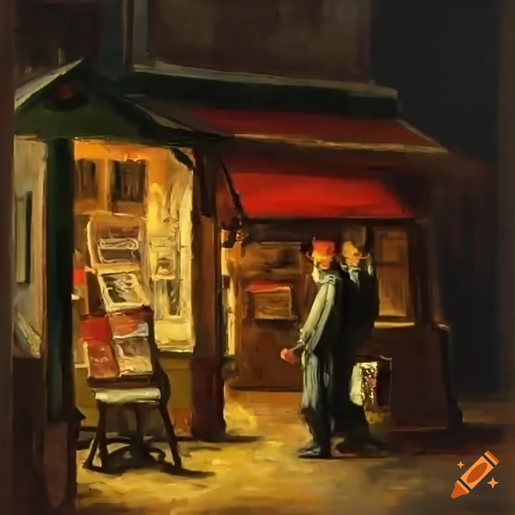 Man approaching a newspaper kiosk at dusk with shopkeeper looking out
