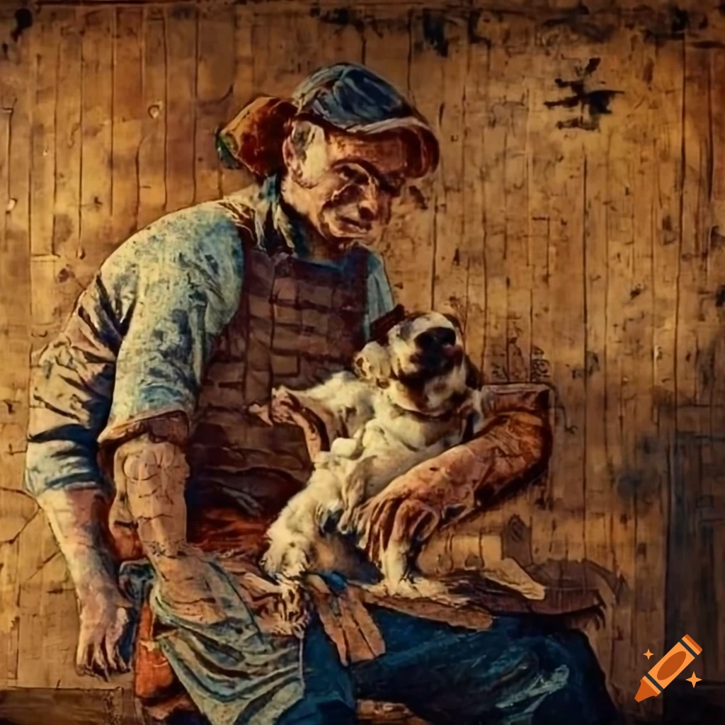 1920s farmer playing with a puppy in a barn mosaic