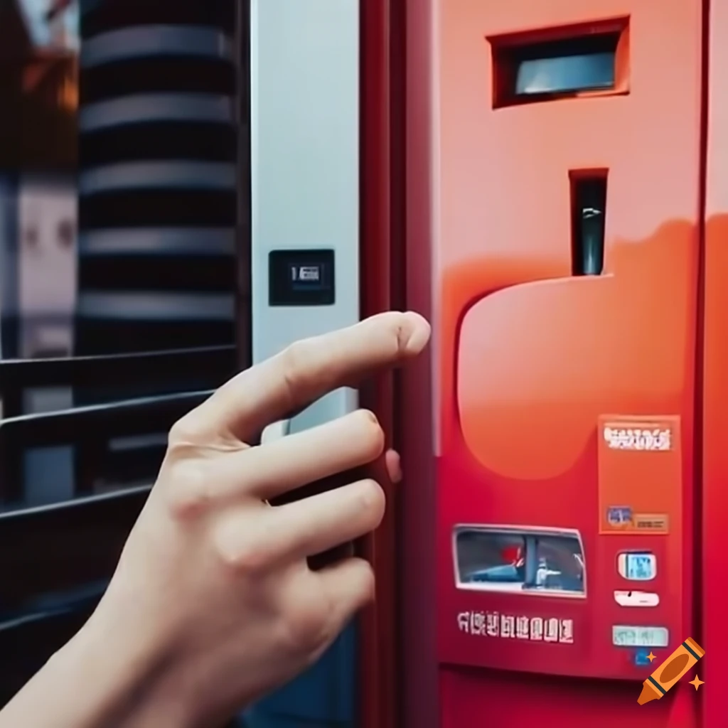 Closeup of a person pressing a vending machine button on Craiyon