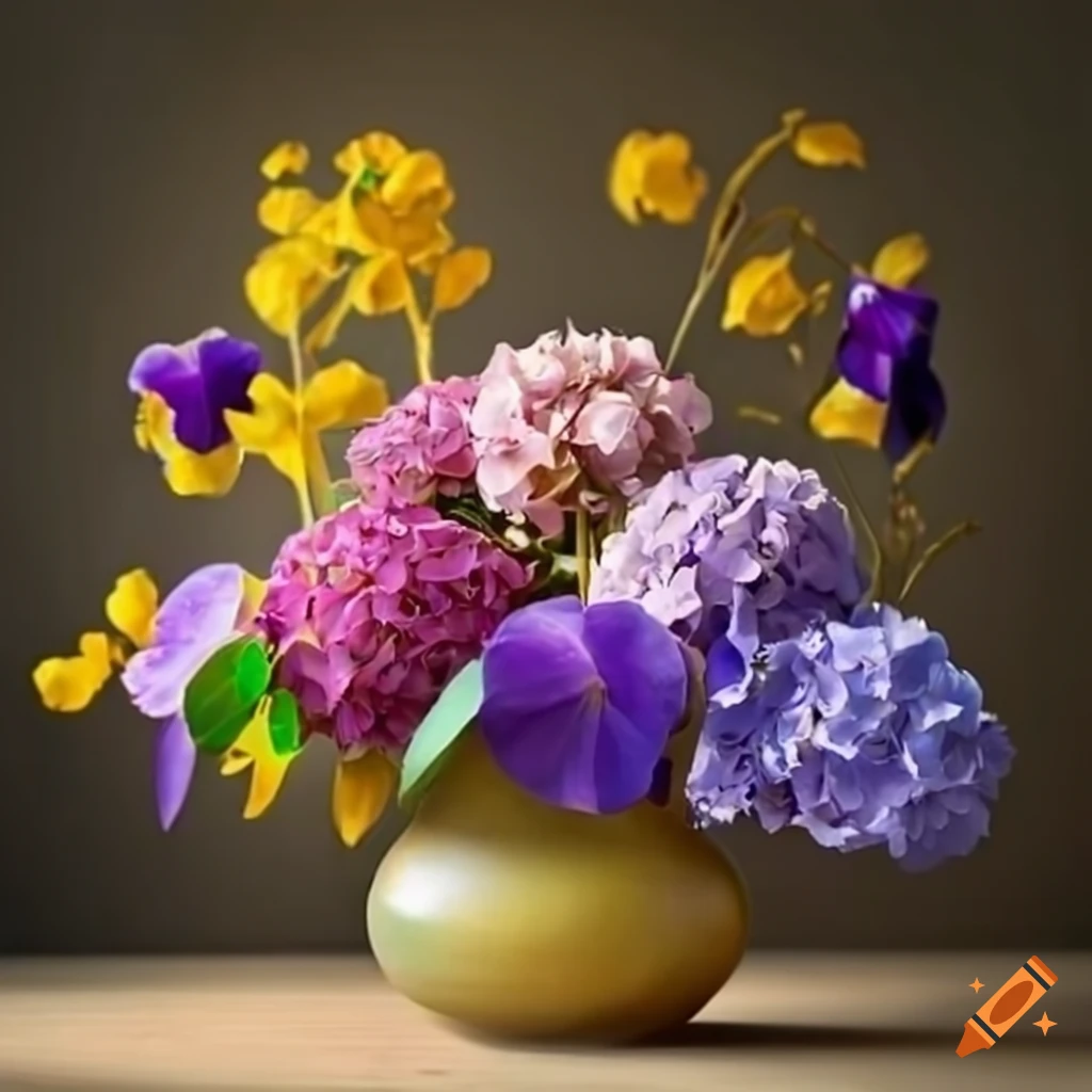 Arrangement of magnolia and iris flowers with geraniums, goldenrods, and hydrangeas