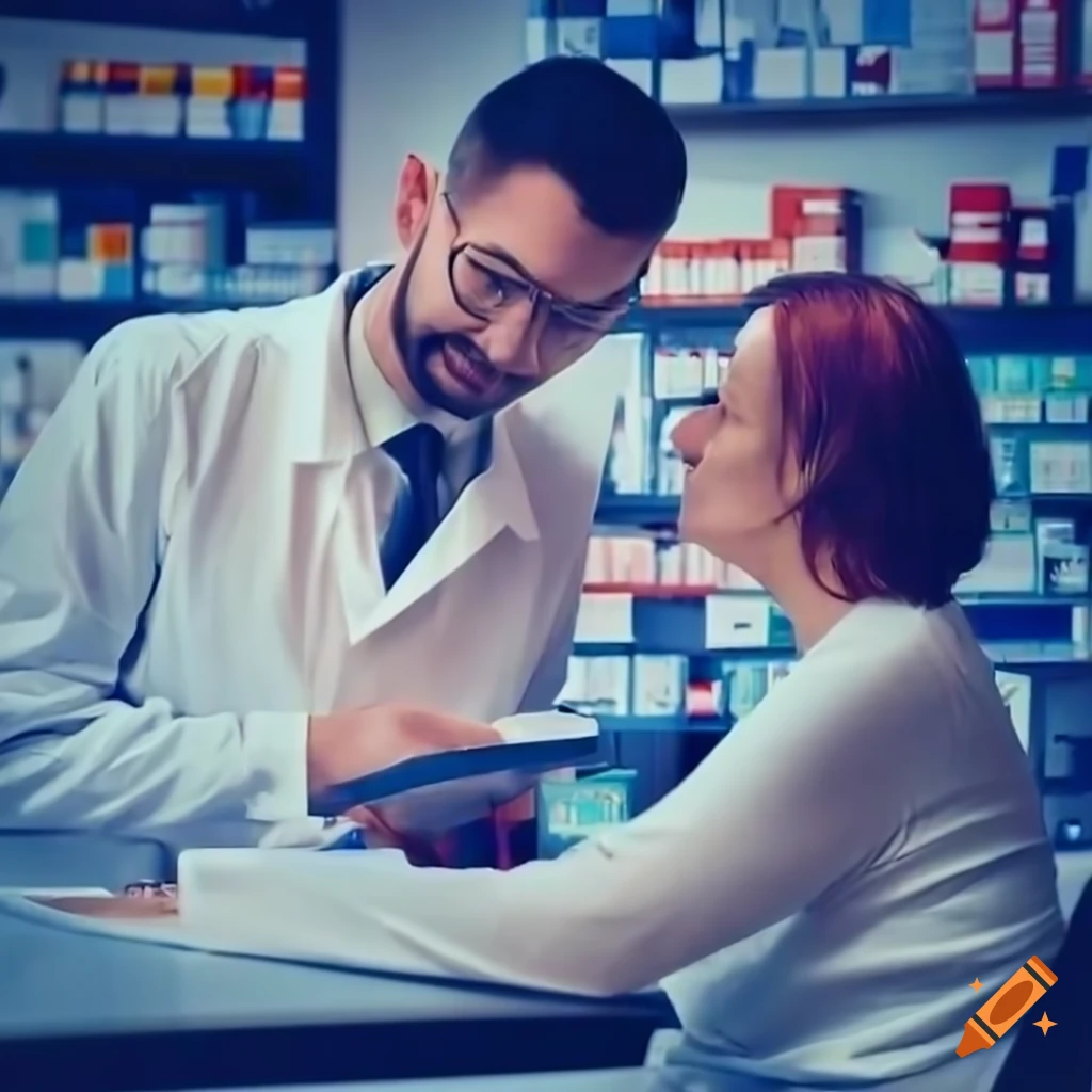 Pharmacist discussing test results with a patient at the pharmacy counter