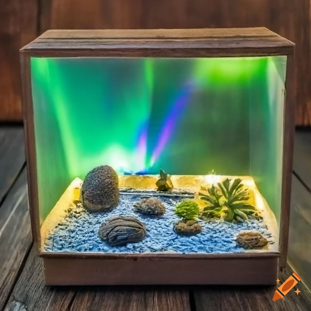 Zen garden with northern lights in miniature diorama photography on Craiyon