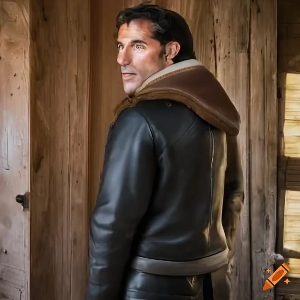 Young man in aged brown sheepskin bomber jacket and black leather trousers standing in barn doorway