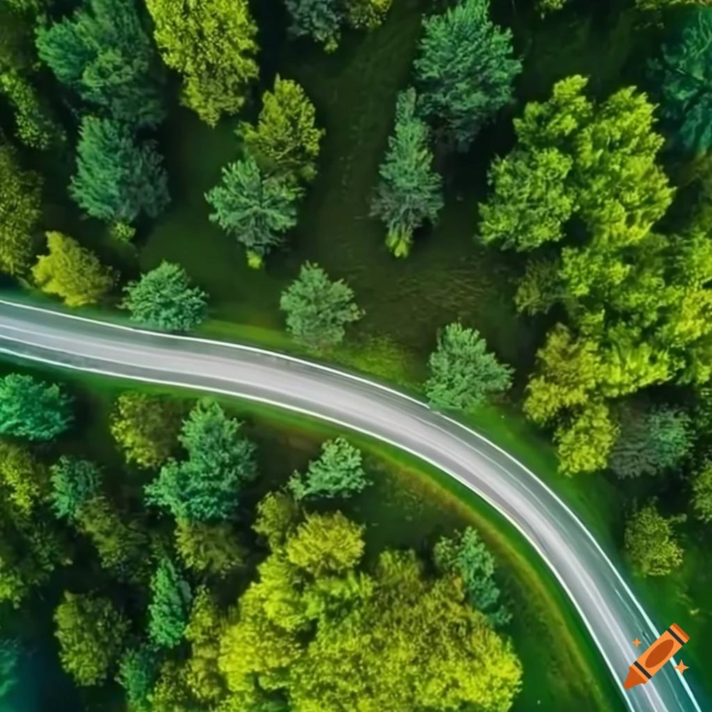Aerial view of a winding road through a green forest in the rain season