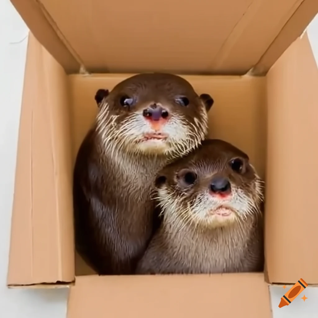 Two playful otters peeking out of a cardboard box