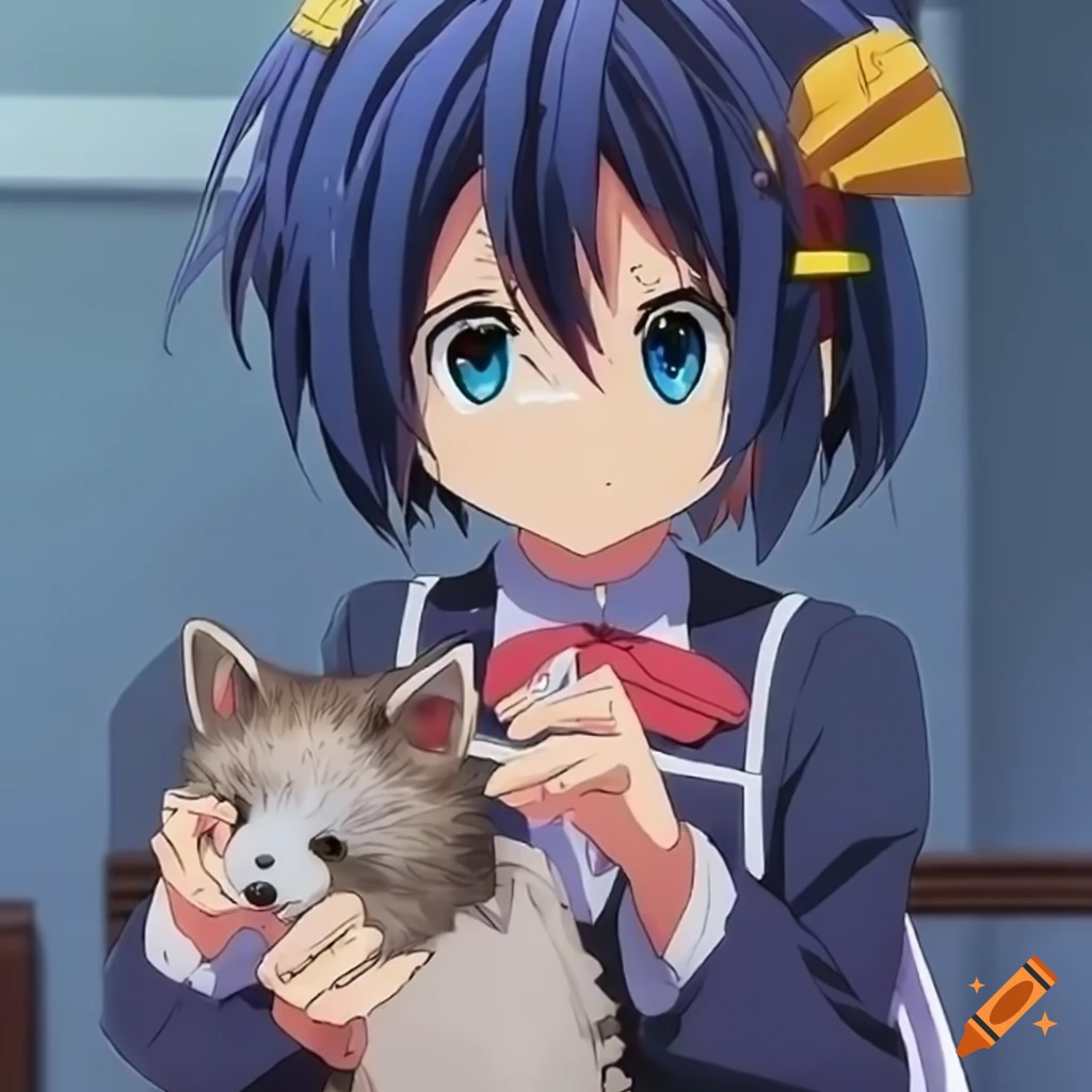 Anime character Rikka Takanashi befriending a raccoon