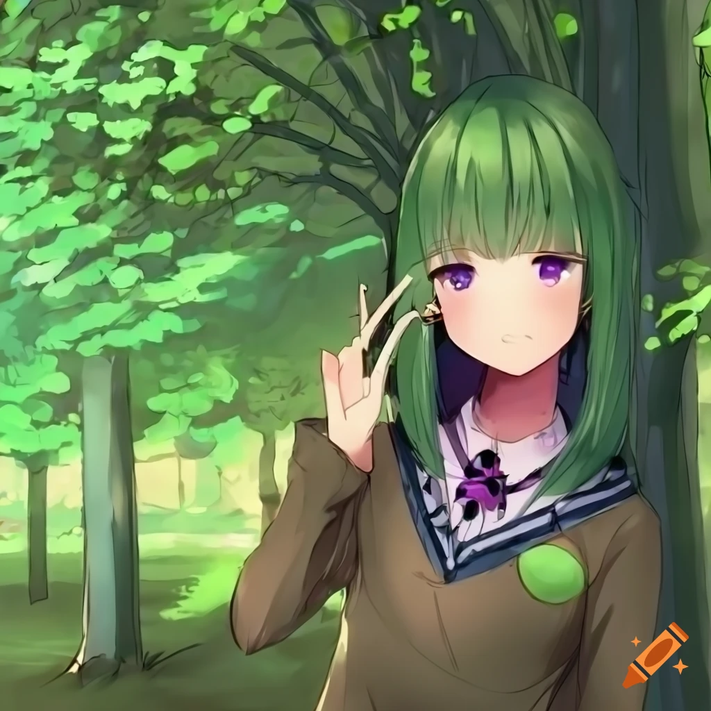 Anime schoolgirl with green hair and purple eyes in a park with green and brown trees