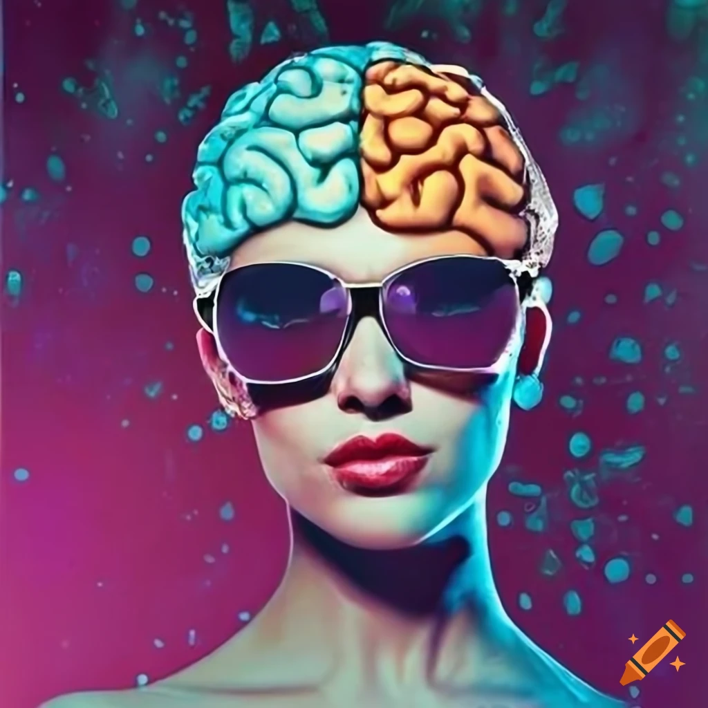 2000s-themed party poster with a woman wearing sunglasses and carrying a brain