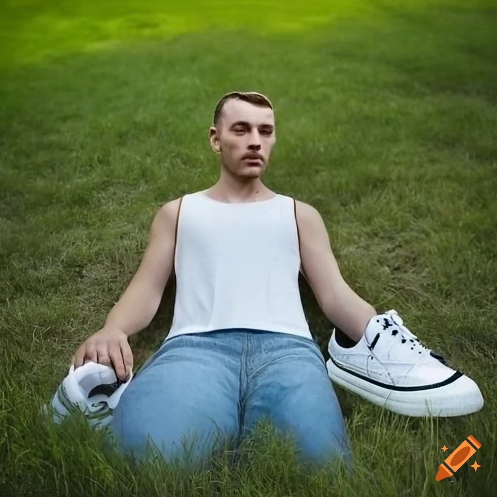 Sculpture of a person laying in the grass wearing white sleeveless shirt and jeans