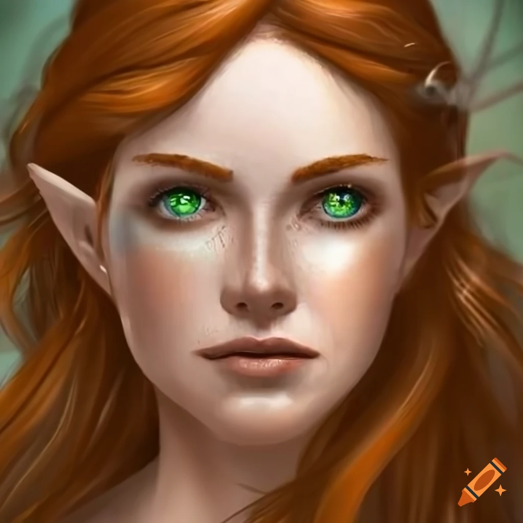 Auburn haired elven woman with green eyes and freckles on Craiyon