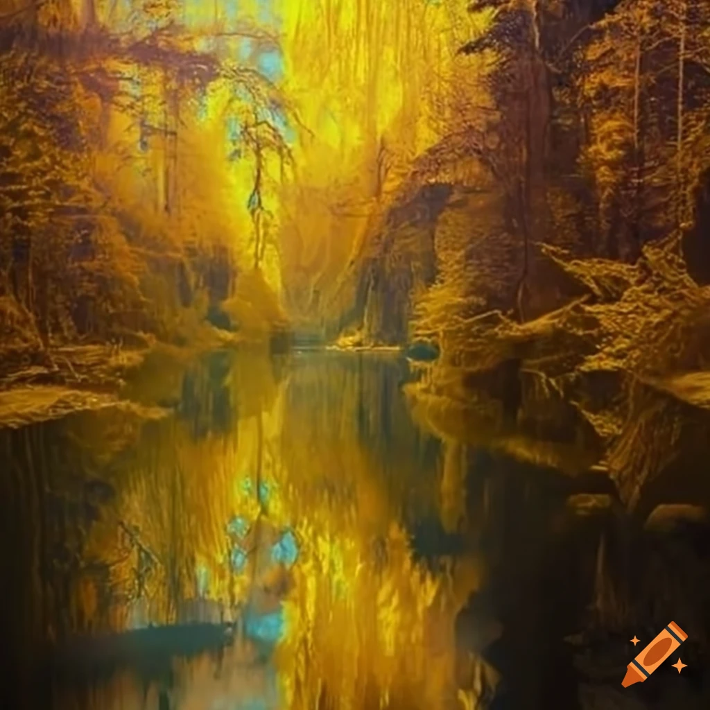 Lake filled with liquid gold surrounded by a golden forest on Craiyon