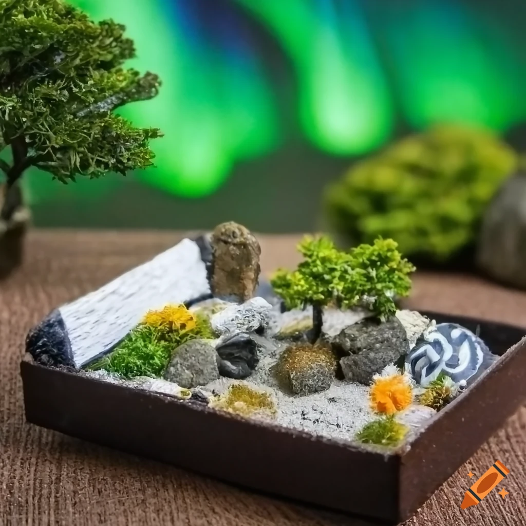 Zen garden under northern lights in a miniature diorama