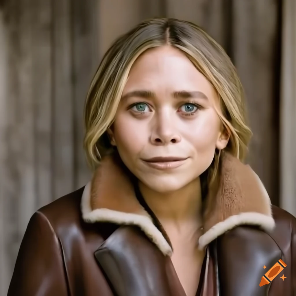 Blonde woman in sheepskin bomber jacket and leather trousers standing in barn doorway