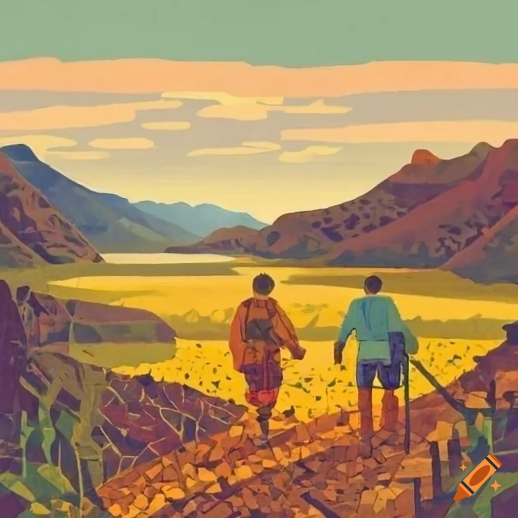 Mosaic of men walking to a ranch with hills and a river in the background