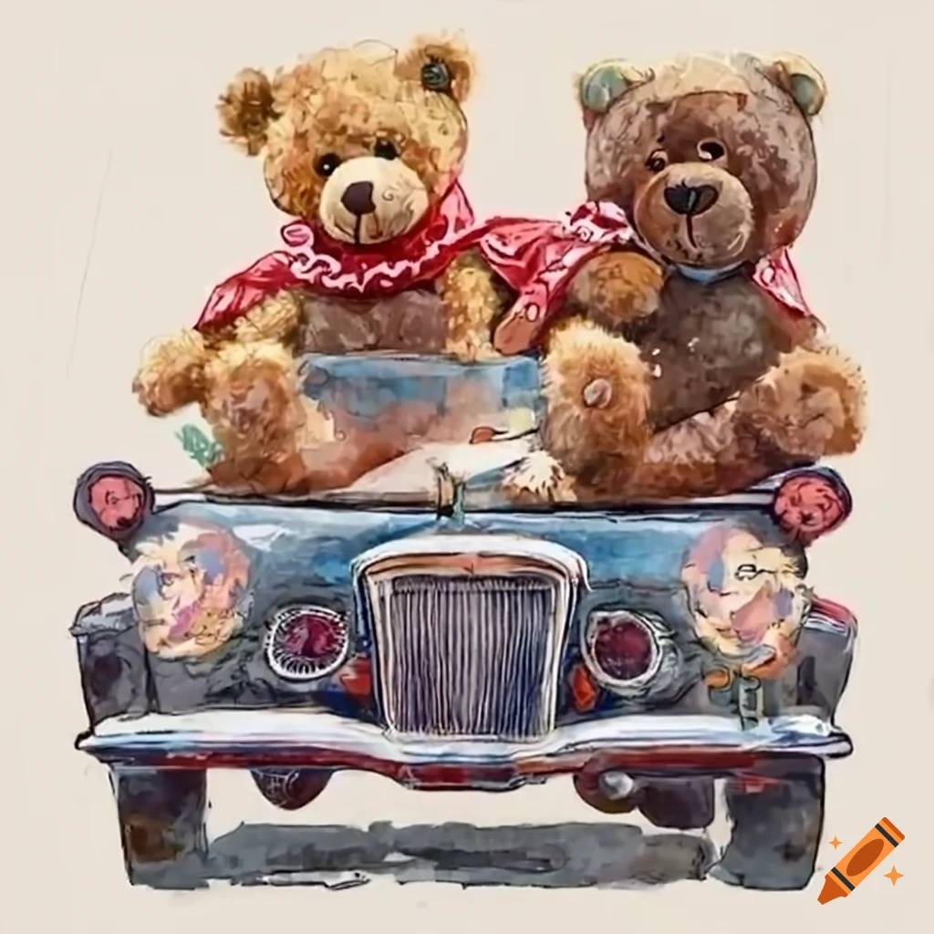Teddy bears with bandanas in a vintage convertible