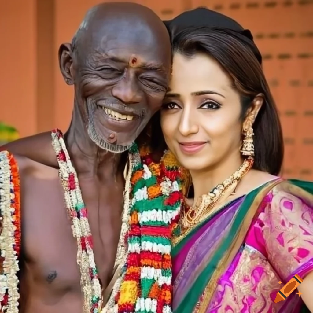 Trisha Krishnan posing elegantly with an elderly Ghanaian man in cultural attire