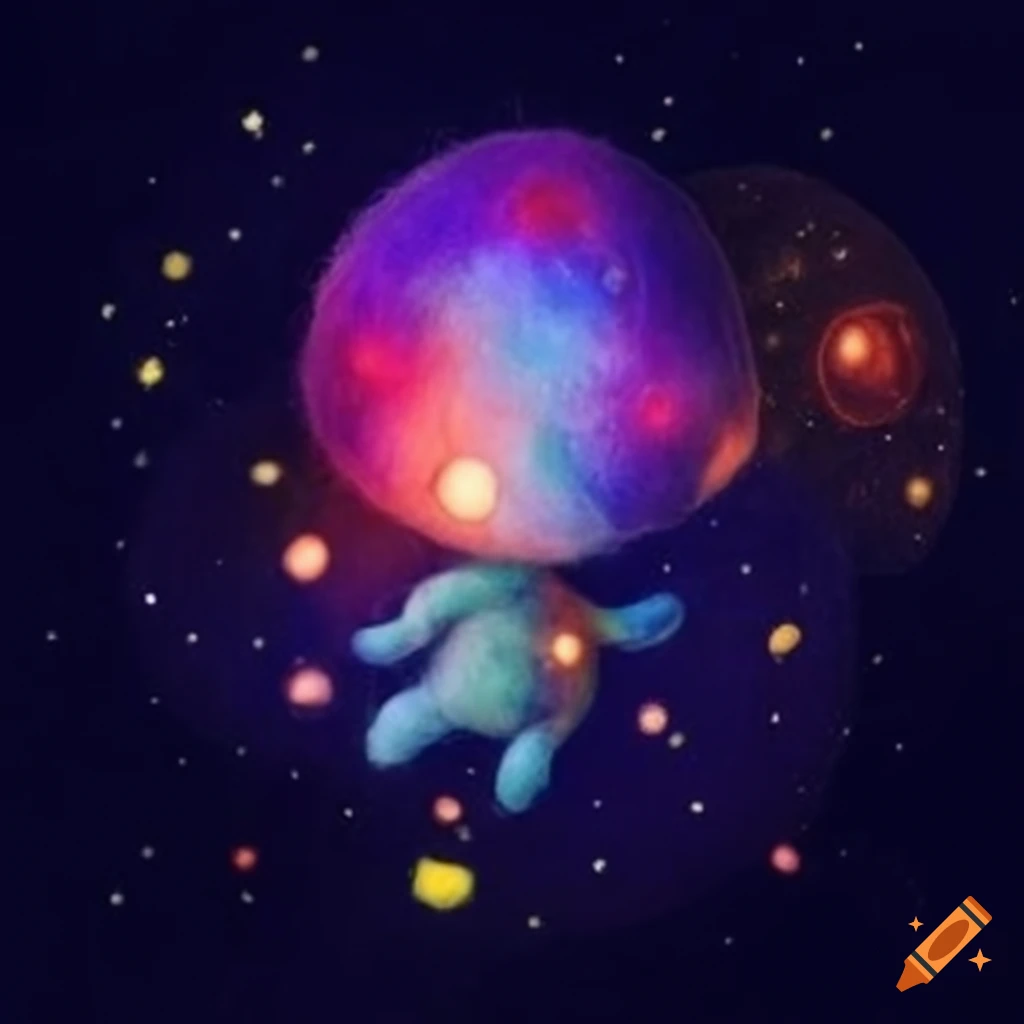Felted wool space creatures in the cosmos