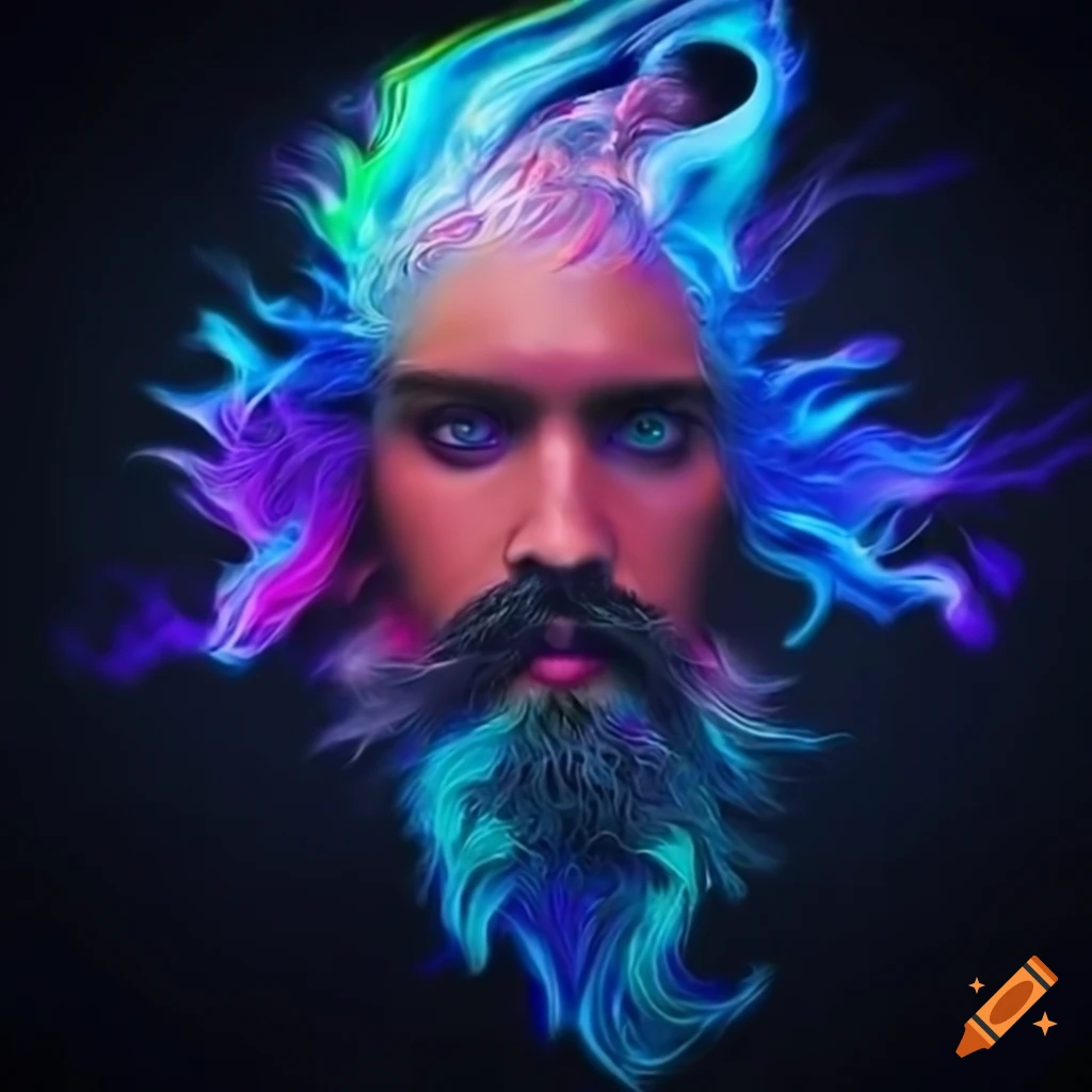 Floating ethereal beard amidst swirling colors in a mystical illusion