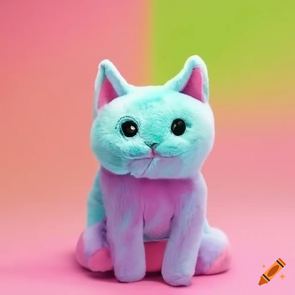 Human-sized cat plushie in pink, blue, and green colors
