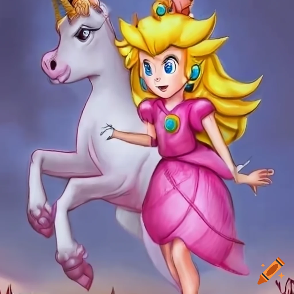 Princess peach riding a unicorn on Craiyon